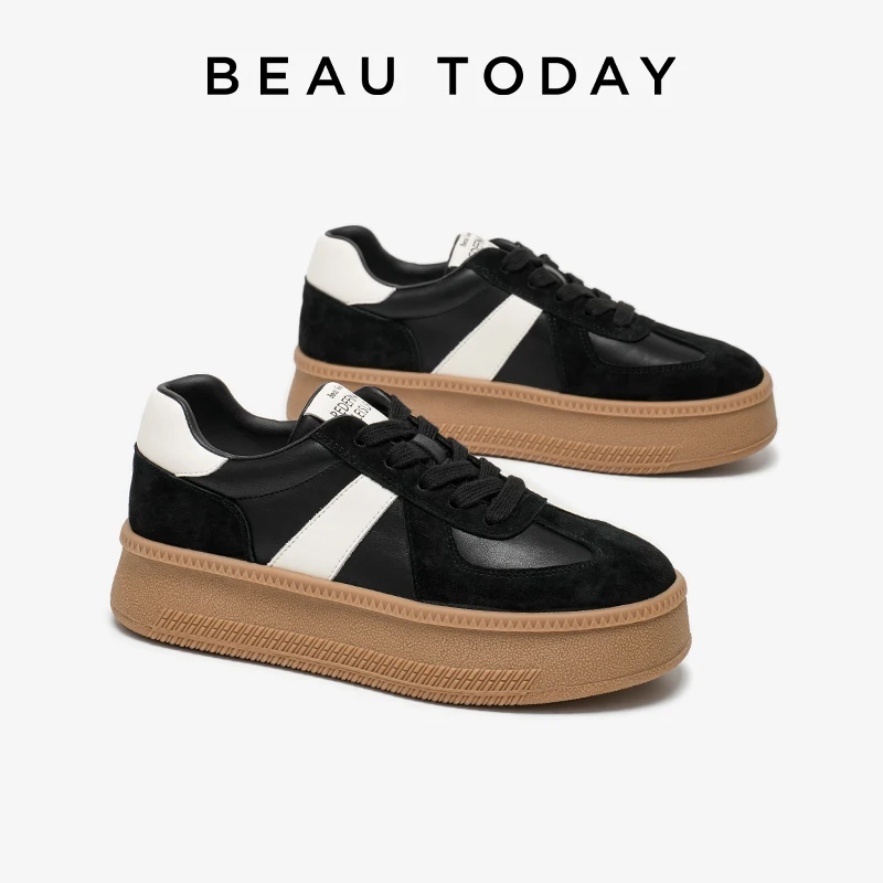 

BEAUTODAY Chunky Sneakers Women Lace up Round Toe Mixed Color Retro Casual Ladies Patchwork Platform Black Shoes Handmade 29864