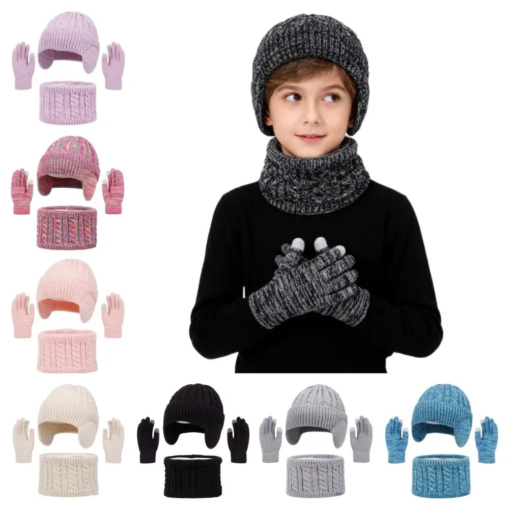 

New Winter Hat Scarf Gloves Set Warm Windproof Toddler Bonnet 3-10Y Thicken Ear Protection Knitted Hats Children's Outdoor