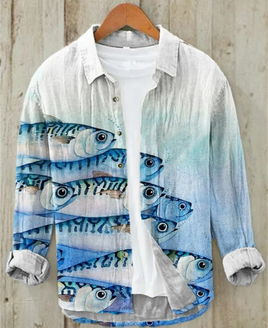 Men's retro casual shirt, fashionable and simple linen spring and autumn creative art print shirt, fast delivery - Image 5