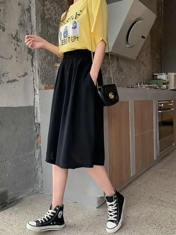 

Свободные повседневные черные брюки с широкими штанинами, с высокой талией, больших размеров, летние, новый стиль, корейские, японские, женские, повседневные брюки больших размеров