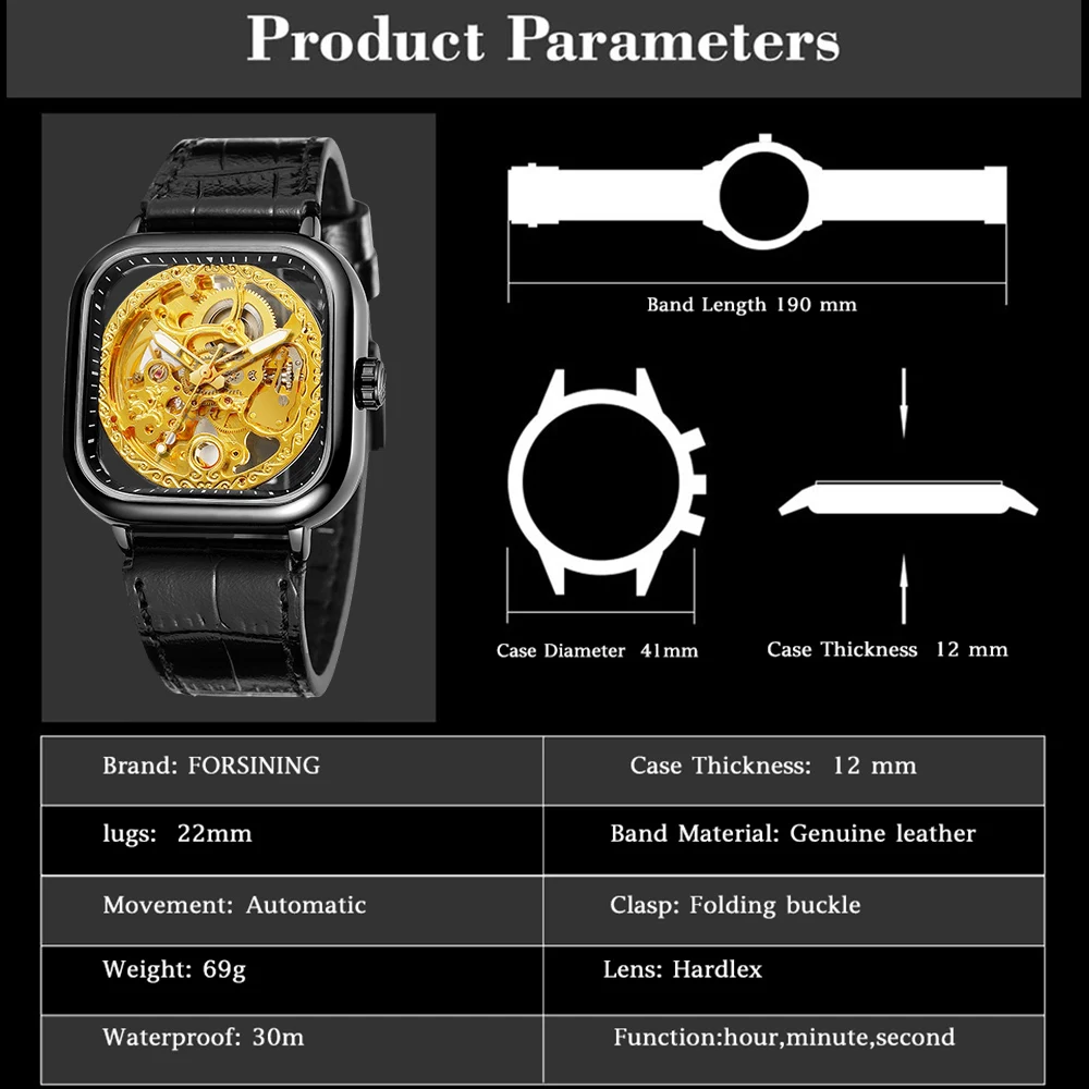 Forsining gravado caso quadrado relógios masculinos esqueleto automático mecânico luminoso mãos preto pulseira de couro genuíno homem relógio