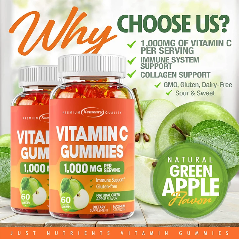 Vitamin C 1000 Mg Gummies - Powerful Immune Support, Skin Collagen Support - Tart Green Apple - 60 Gummies, Adults & Kids