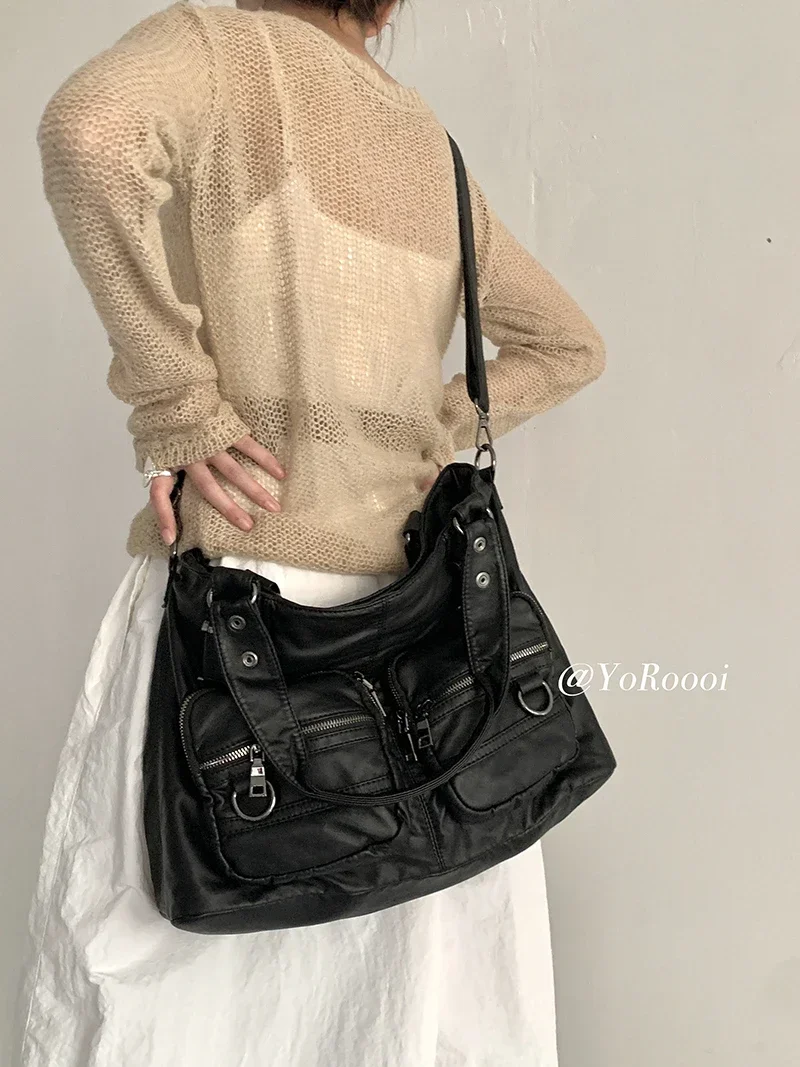 Vintage Women Shoulder Bag Washed Leather Large Capacity Messenger Bag Hot Girls New Fashion Designer Handbag Big Totes