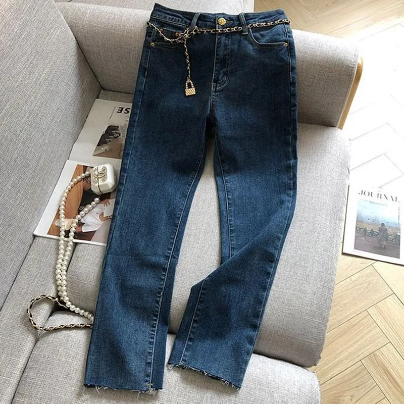 Blue Straight Jeans Women\'s Luxury Design High Waist Elegant Gold Button  Slit Raw Edge Slim Pencil Pants