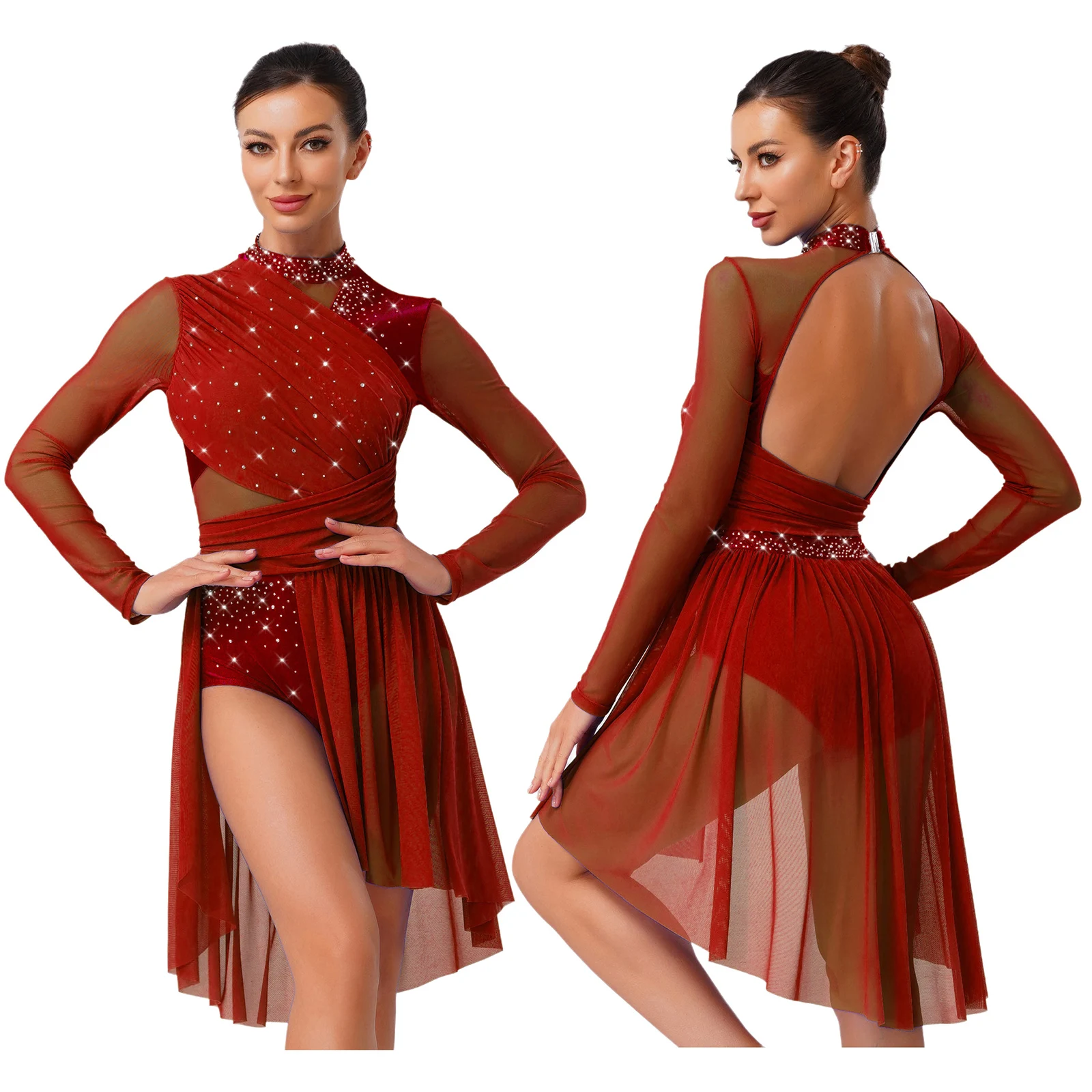 Vrouwen Lyrische Dans Jurk Strass Lange Mouw Ruche Backless Een Stuk Turnpakje Jurk Modern Ballet Hedendaagse Danskostuum