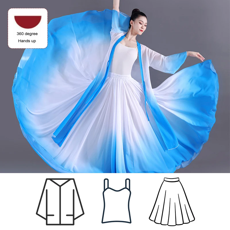 NONE 3-teiliges Set Damen Elegantes Klassisches Tanzkleid mit Oberteil, Trägerkleid, Volkstanz-Farbverlauf-Tanzrock, Ballett-Tanzkostüm 9