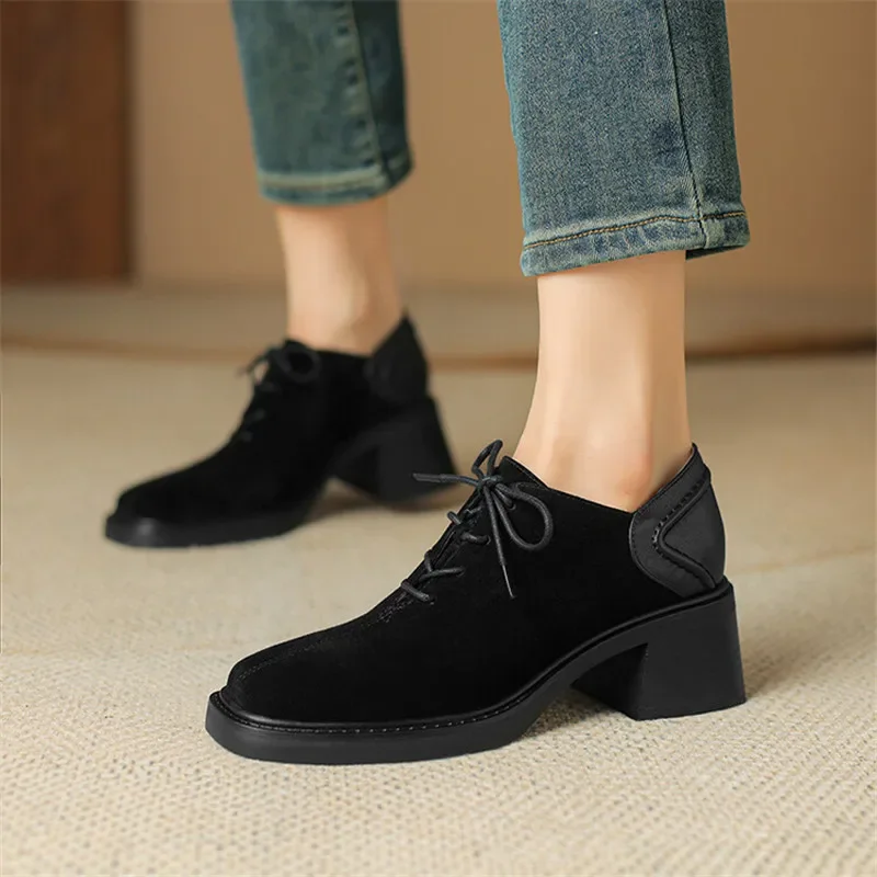 New Spring Autumn Sheep Suede Lace Women Loafers Square Toe Chunky Heel Shoes Comfort Women Pumps Shoes for Women High Heels