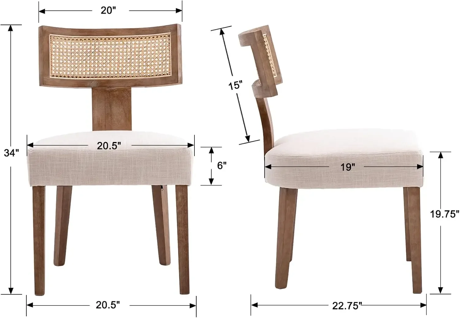 Rattan Back Dining Chairs Mid Century Modern Dining Set of 4 Rattan Kitchen Chairs Linen Fabric Upholstered Side Chairs