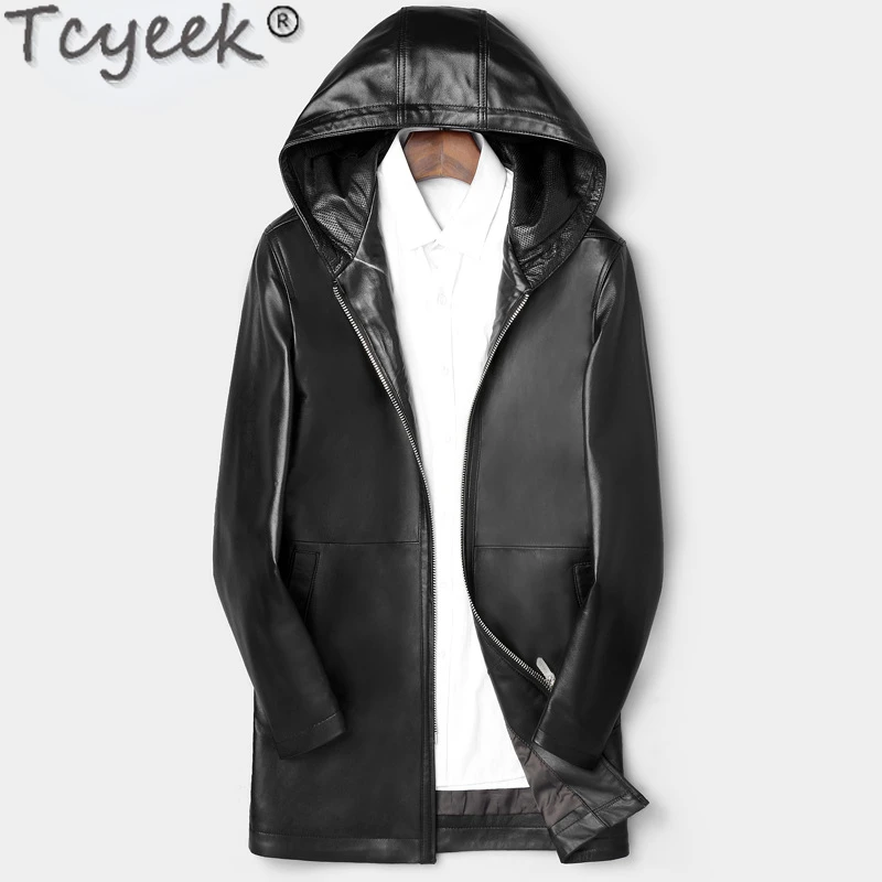 

Tcyeek Mid-long Genuine Leather Men Jacket Spring Fall Motocycle Jackets Man Clothing Hooded Korean Sheepskin Coat Jaqueta Couro