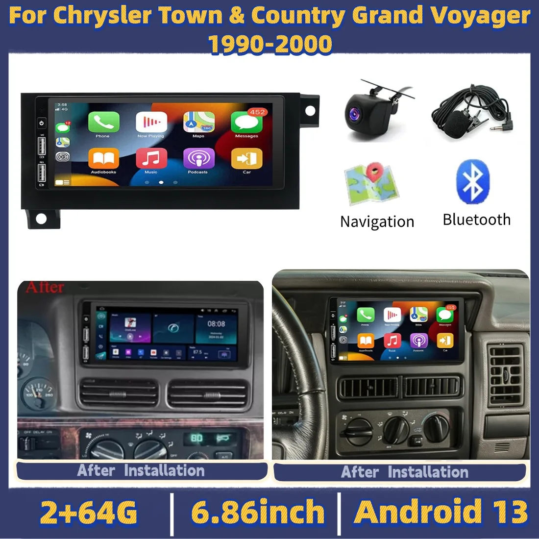 

6.86inch 2+64G Car Stereo Radio For Car Player For Chrysler Town & Country Grand Voyager 1990-2000 Android 13 Android Auto
