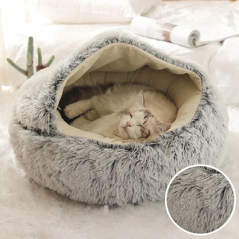 Winter Long Plush Pet Cat Bed Round Cat Cushion Cat House 2 In 1 Warm Cat Basket Cat Sleep Bag Cat Nest Kennel for Small Dog Cat