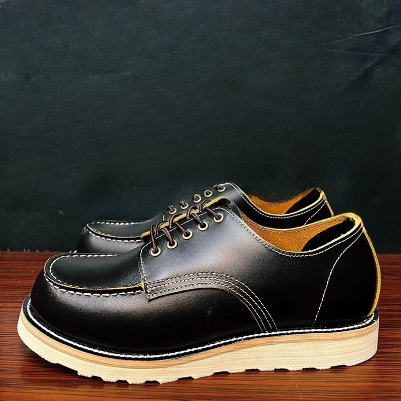 American Retro Low Top Workwear Men Shoes Japanese Casual Thick Soled Breathable Genuine Leather Office Outdoor Derby Shoes