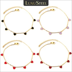 LUXUSTEEL Oil Drip Red Black Purple Love Heart Charm Anklets For Women Stainless Steel Waterproof Boho Jewelry Free Shipping