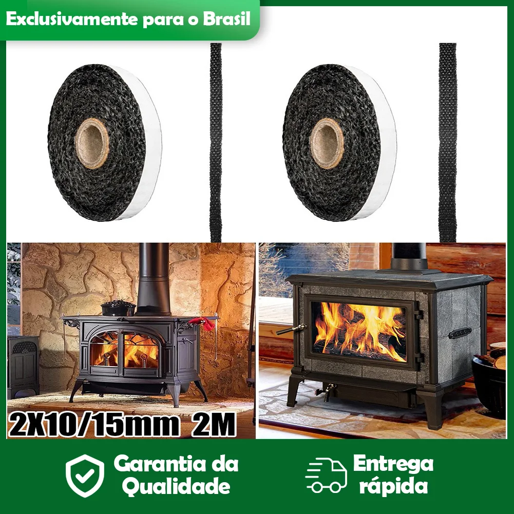 Corda autoadesiva preta para fogões planos, fibra de vidro, porta de lareira, cabo de vedação, substituição, fita de junta, 10/15mm de largura, 2m de comprimento