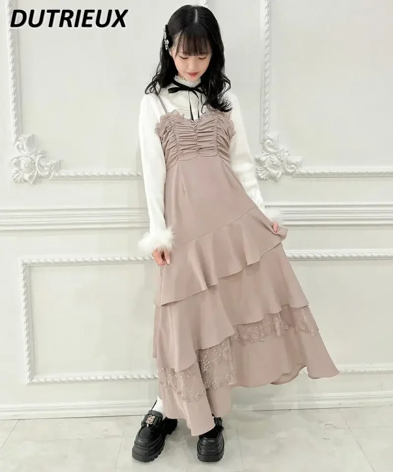 Japonês nova fada bolo sem costas vestido longo doce e bonito menina cintura cor sólida elegante plissado borda em camadas suspender vestidos