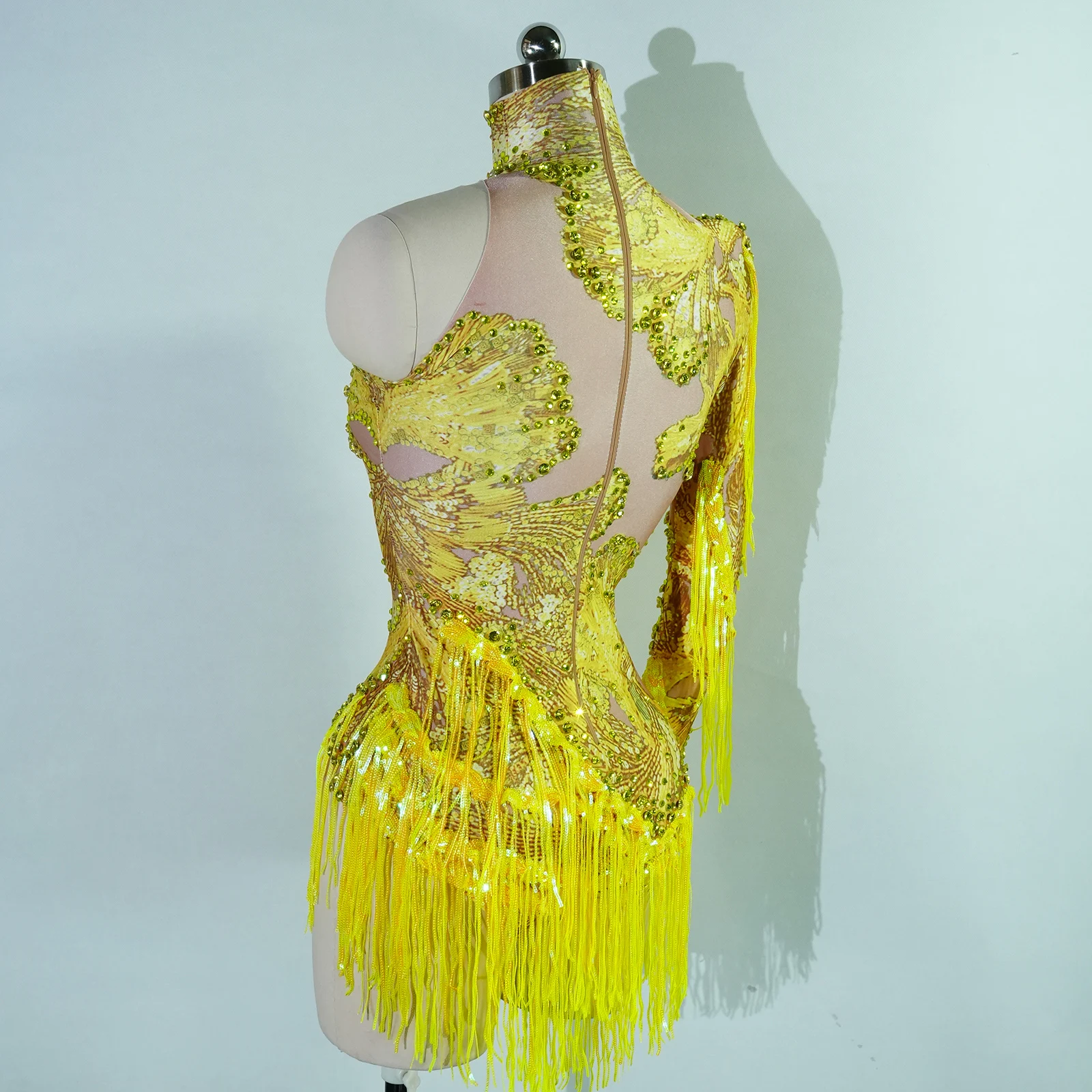Seksowna piosenkarka świecące dżetów cekiny frędzle body z rękawami na jedno ramię impreza urodzinowa występ taneczny scena barowa