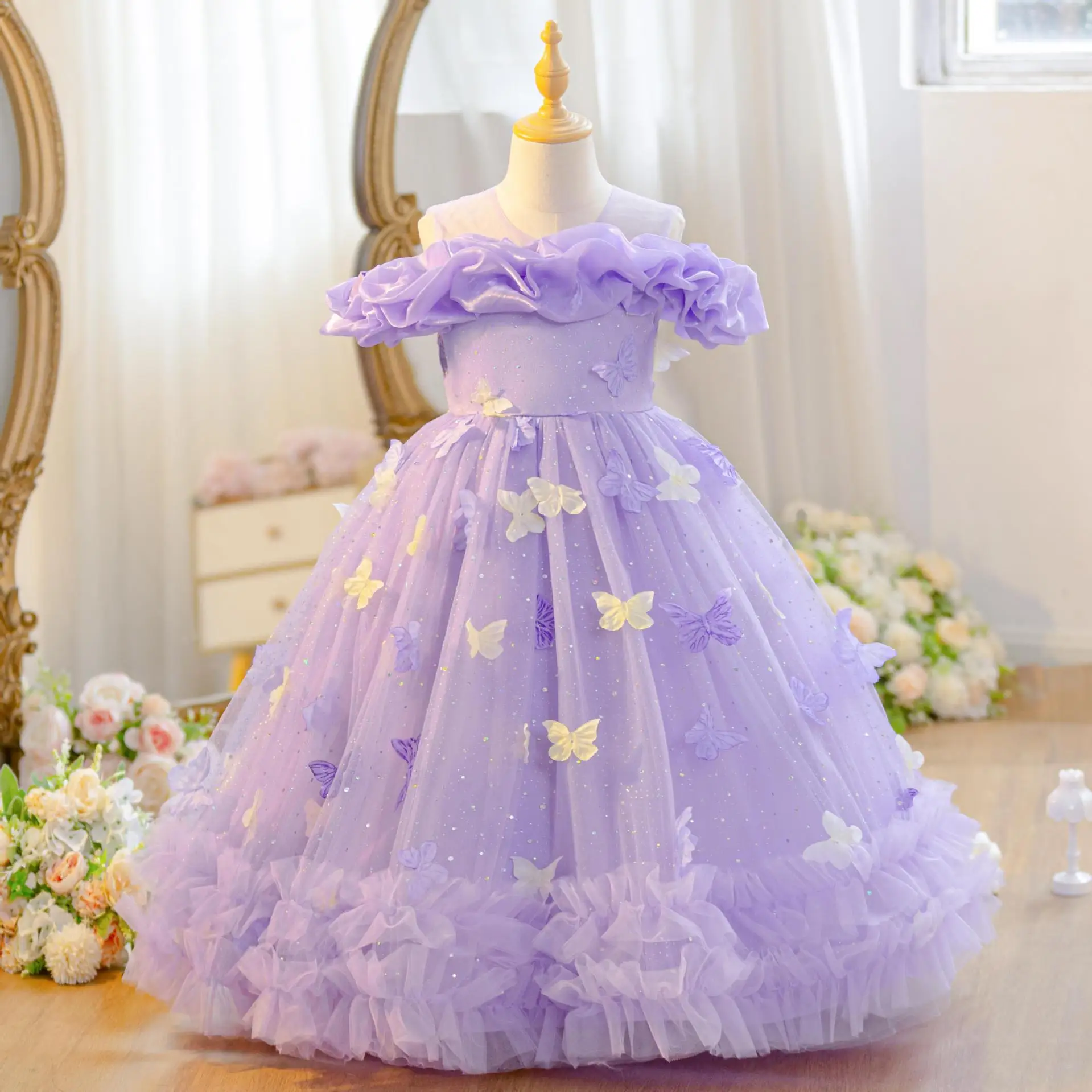 

2026 New 4-12 Year Old Robe Princess Dress Flower Girl Wedding Dress Fashionable Party Dress Lace Mesh Elegant Girls' Clothing