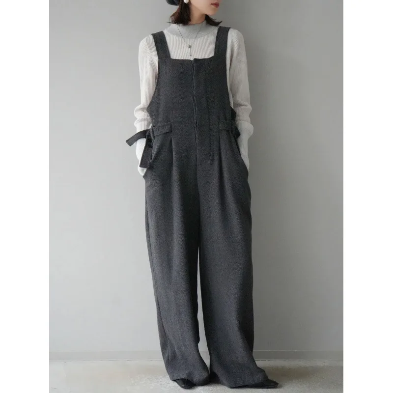 

Autumn Winter Women's Suspender Straps One-piece Pants Folded Casual Jumpsuits