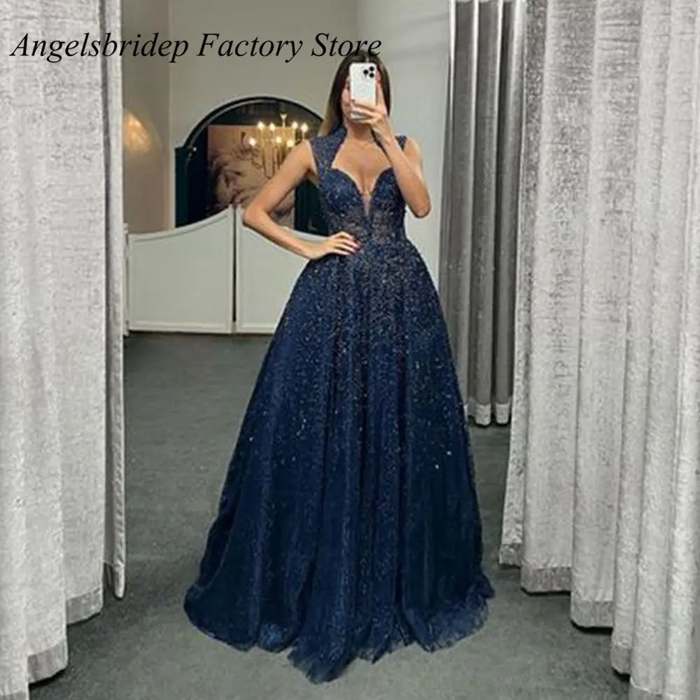 

Angelsbridep Navy Blue Beach Tulle Prom Dresses 2022 Glitter Sequins Robes De Soirée Long Formal Vestidos De Gala Evening Gowns