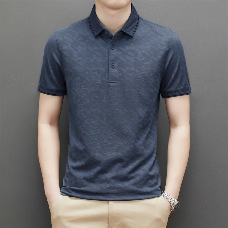 

2022 Mulberry Silk Golf Men's Polo Shirts Luxury Short Sleeve Jacquard Smart Casual Slim Fit Thin Male T-shirts Man Tees 4XL