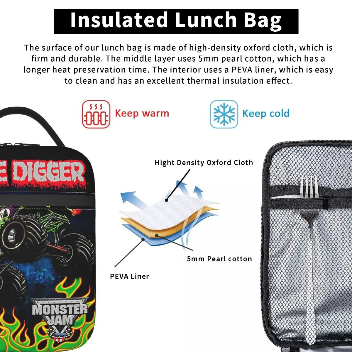 Grave Digger Jump Monster Jam Trucks Insulated Lunch Bags Portable Meal Container Thermal Bag Lunch Box Tote School Bento Pouch