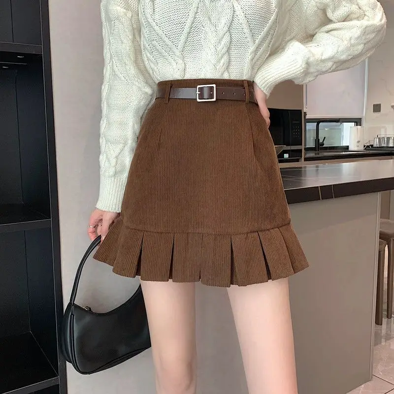 Short Stature Autumn and Winter Paired with Sweater Half Skirt 2024 New Women's Corduroy High Waist Slimming A-line Short Skirt