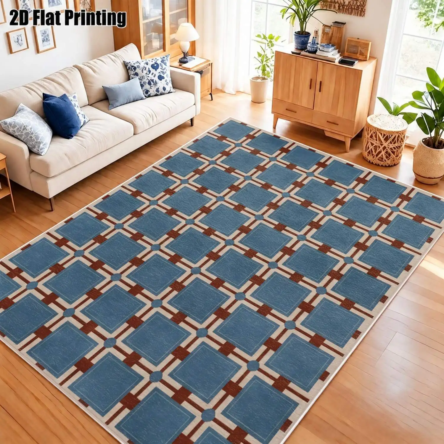 1Pc 2D Printed Velvet Carpet, Blue Brown Geometric Nordic Vintage Modern Minimalist Style, Machine Washable, Multi-Size, for Entrance/Dining/Bedroom/Living Room Home Decor