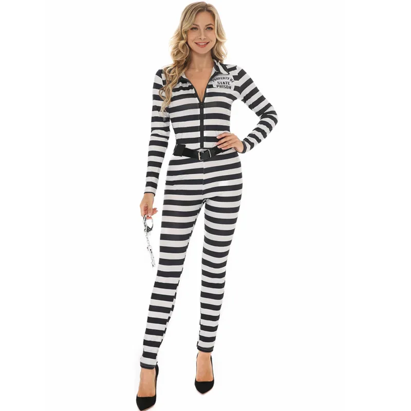 Adult Women Convict Prisoner Costume Cosplay Outfit Black White Stripes Jumpsuit Tights Fantasia Halloween Club Costumes