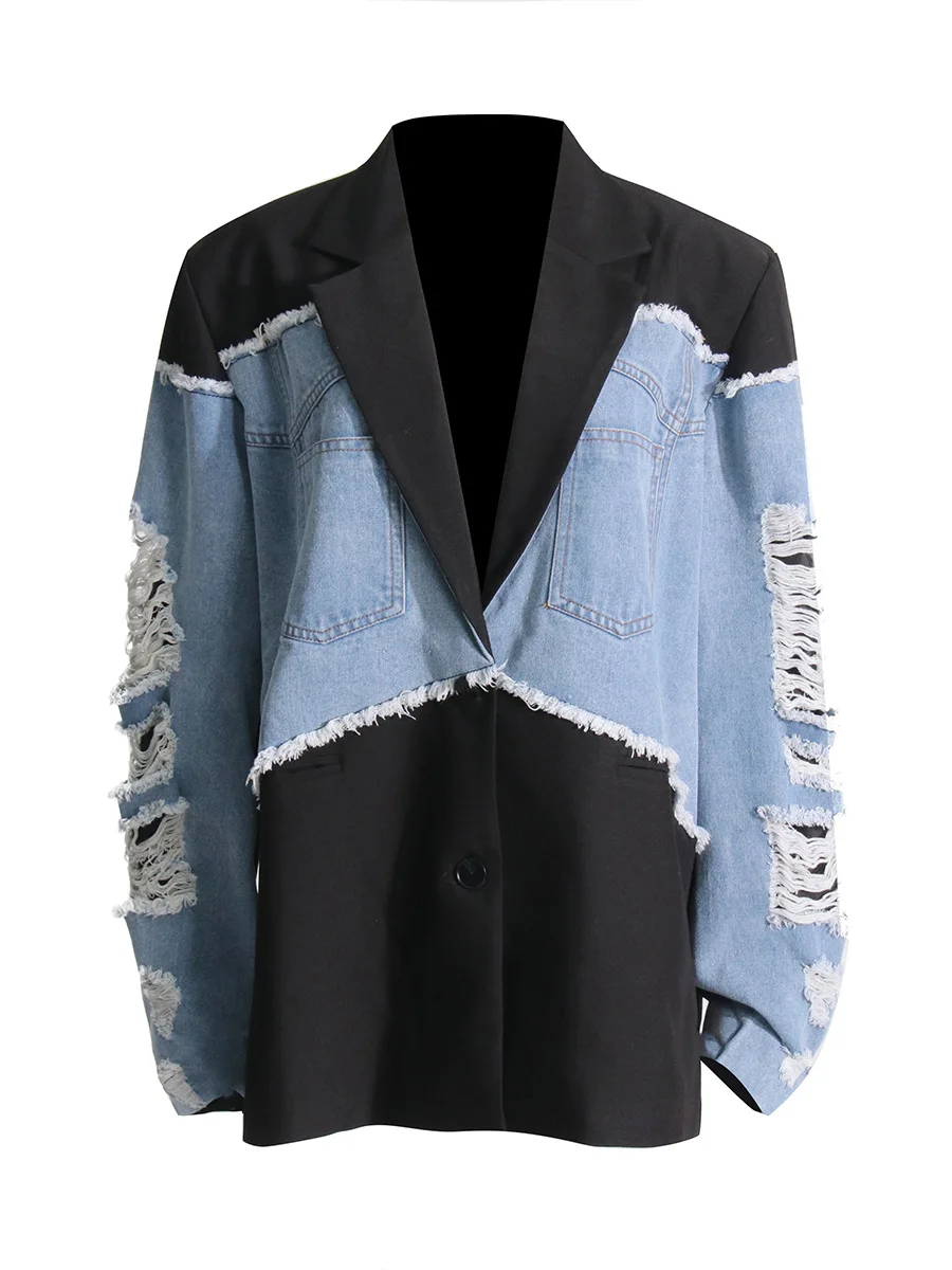 Tannt Women Blazer Color Matching Asymmetry Denim Patchwork Blazer Jacket Fashion Loose Holes Suit Coats For Women 2023 New