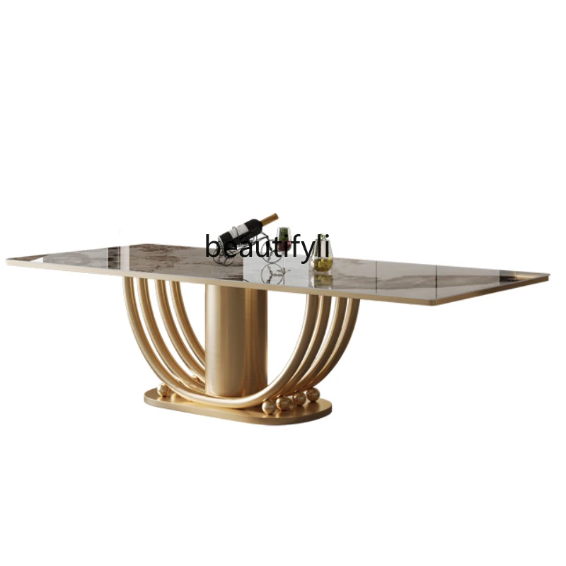 

Italian Light Luxury Modern Minimalist Stainless Steel Stone Plate Dining Table Restaurant Natural Marble Dining Table