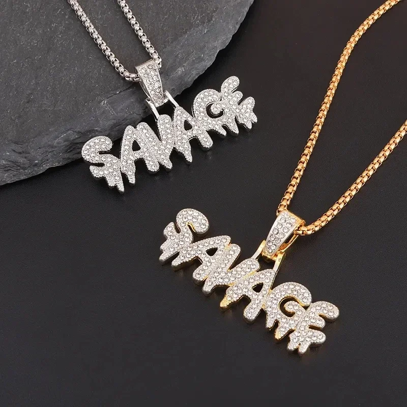 Bling Iced Out Savage Pendant Crystal Zirconia Letter Necklace for Men and Women Hip Hop Rock Rap Party Jewelry