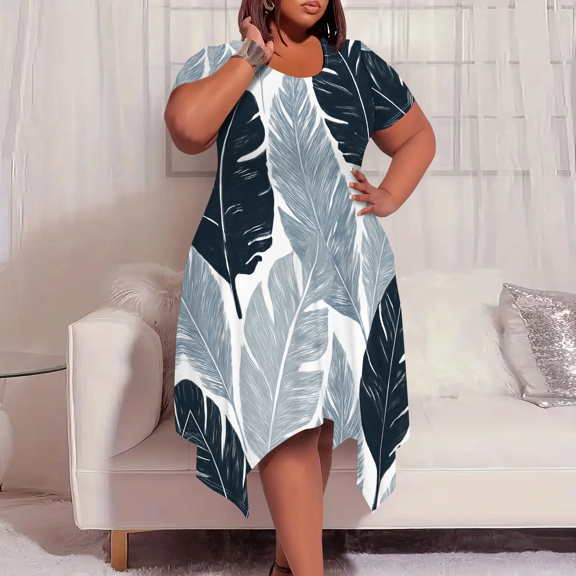 

Monochrome Leaf Print Plus Size Dress XL-6XL Irregular Hem Short Sleeve Style for Summer Streetwear or Tropical Vacation Look