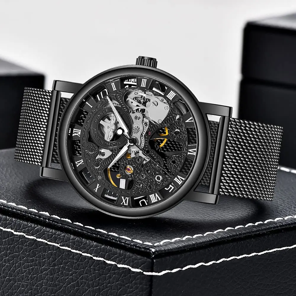 الفائز شبكة من الاستانلس استيل الفرقة شفافة كلاسيكية رقيقة حالة جوفاء الهيكل العظمي رجل الذكور الميكانيكية ساعة معصم العلامة التجارية الفاخرة