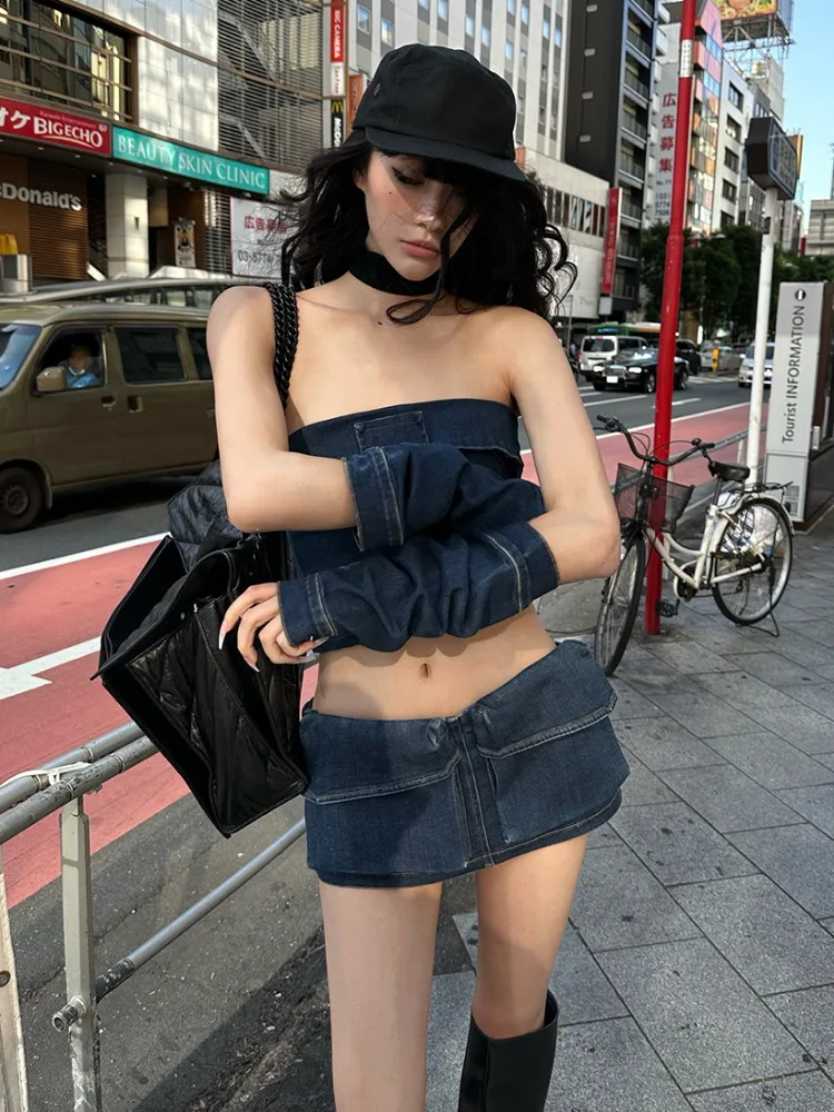 ADAgirl American Retro Denim Strapless Backless Y2k Crop Top Low-waisted Cargo Shorts Streetwear 3 Piece Sets Womens Outifits