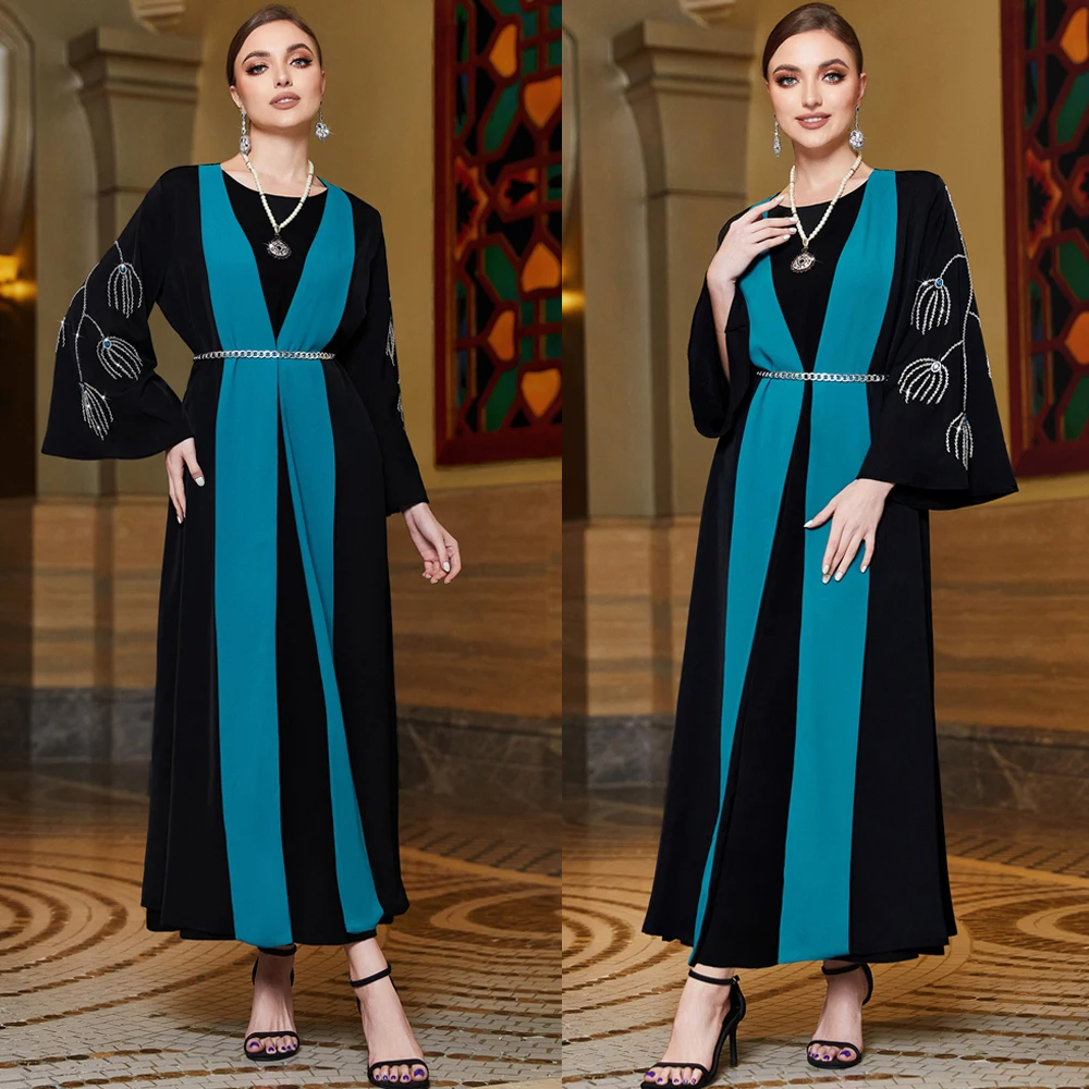 Dubai Abaya Diamonds Muslim Women Open Cardigan Maxi Dresses Turkey Eid Party Kaftan Arabic Robe Morocco Femme Jalabiya Vestidos