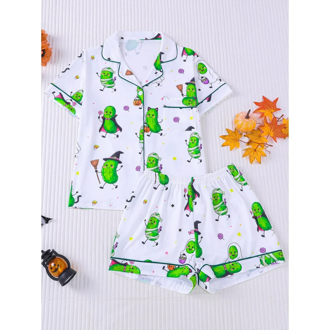 Cute Halloween Cucumbers Themed Pajamas Set for Women Loungewear Home Wear with Lapels Short Sleeves and Shorts Pants Gifts