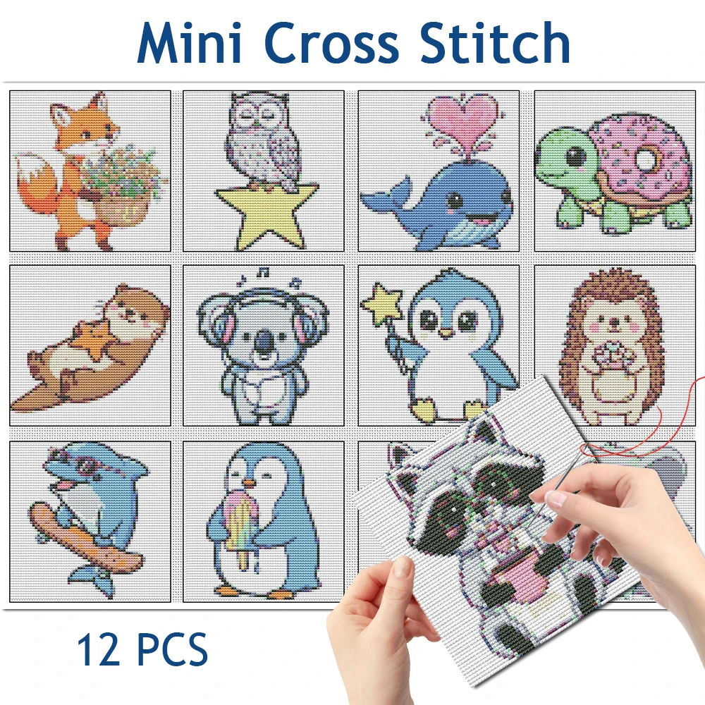 Evershine Fox Mini Embroidery Owl Animal DIY Elephant 12pcs Mini Cross Stitch Dolphin Needlework Thread Tortoise Handicraft