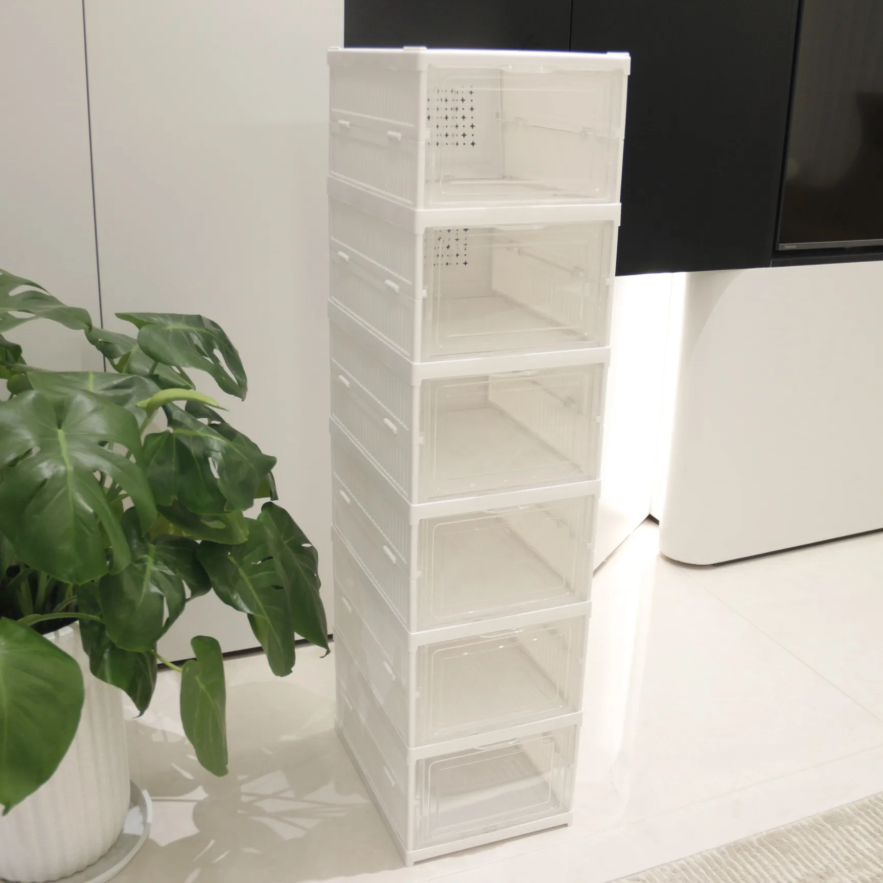 Shoe Organizer Storage Boxes, Portable Stackable Folding Shoe Rack for Closet with Magnetic Clear