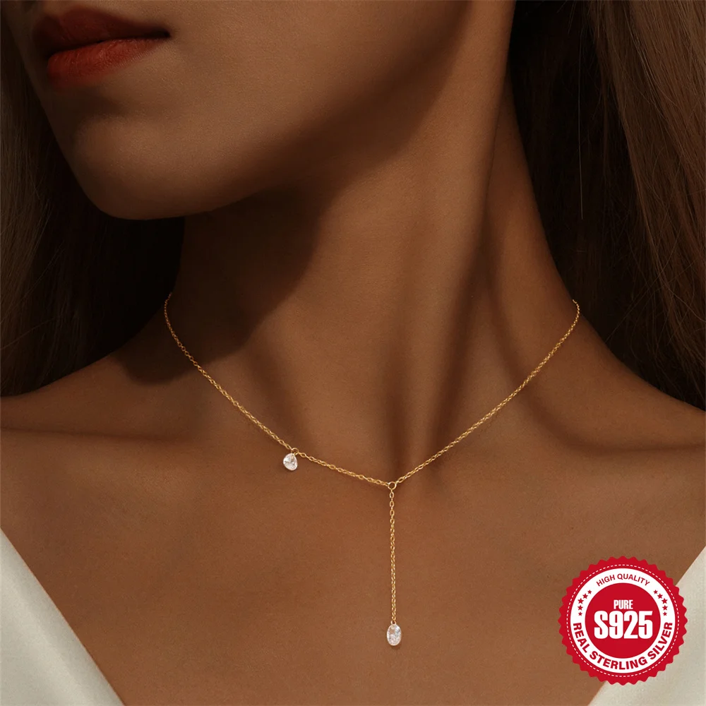 

ROXI S925 Sterling Silver Classic Water Drop pendant Y-shaped Collarbone Women's Necklace Wedding Party Fine Jewelry Gift