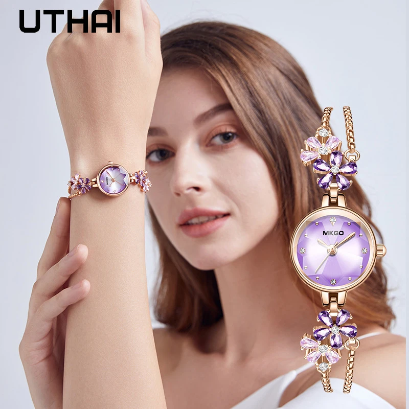 UTHAI W39 Women\'s Fashion Light Luxury Quartz Bracelet Watch Waterproof Premium Exquisite Violet Crystal Female\'s Watches Gift