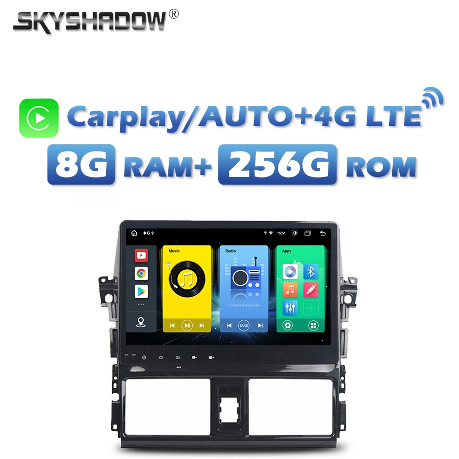 4G SIM Wireless Carplay Auto Android 13.0 8GB+256G Car DVD Player Wifi Bluetooth RDS RADIO GPS For Toyota VIOS YARIS 2013- 2016