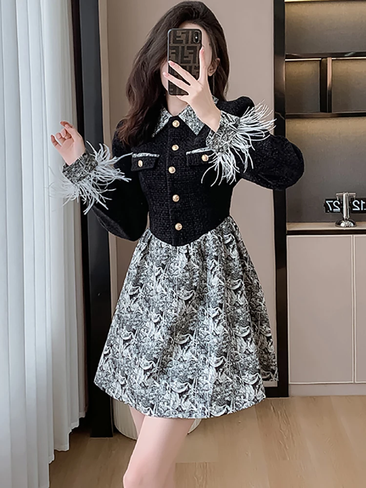 

Autumn Black Patchwork Floral Chic A-Line Short Dress Women Vintage Bodycon Long Sleeve Dress 2025 Korean Elegant Luxury Dresses