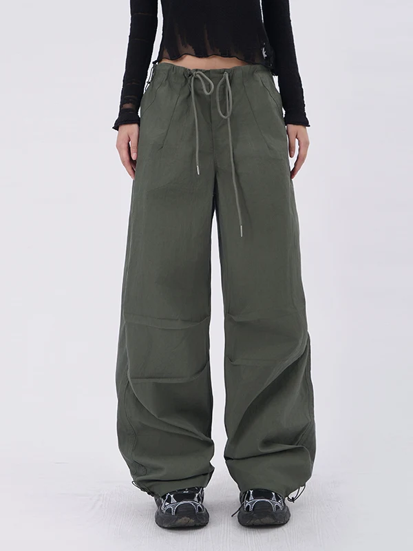 American Style Vintage Loose Wide Leg Military Green Workwear Pants Women's Drawstring Paratrooper Straight Leg Cuffed Low Wa...