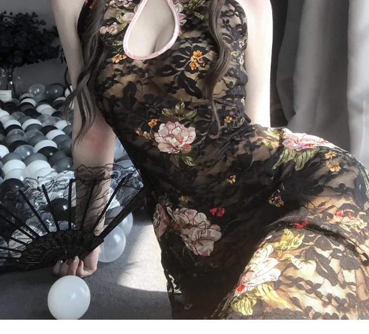 

Embroidery Floral Cheongsam Mini Dress Women Traditional Chinese Costumes Qipao Orientale Dark Classical Daily Dresses Robe Gown