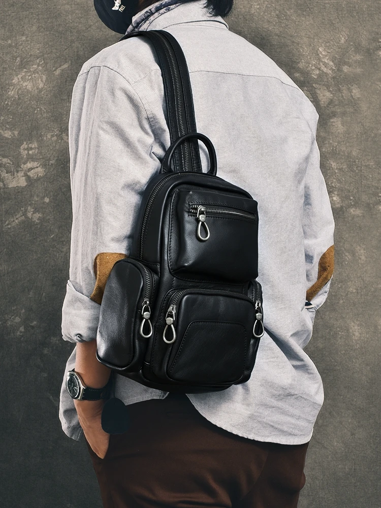 

casual handmade first layer cowhide men's chest bag outdoor travel luxury genuine leather women's multifunctional backpack