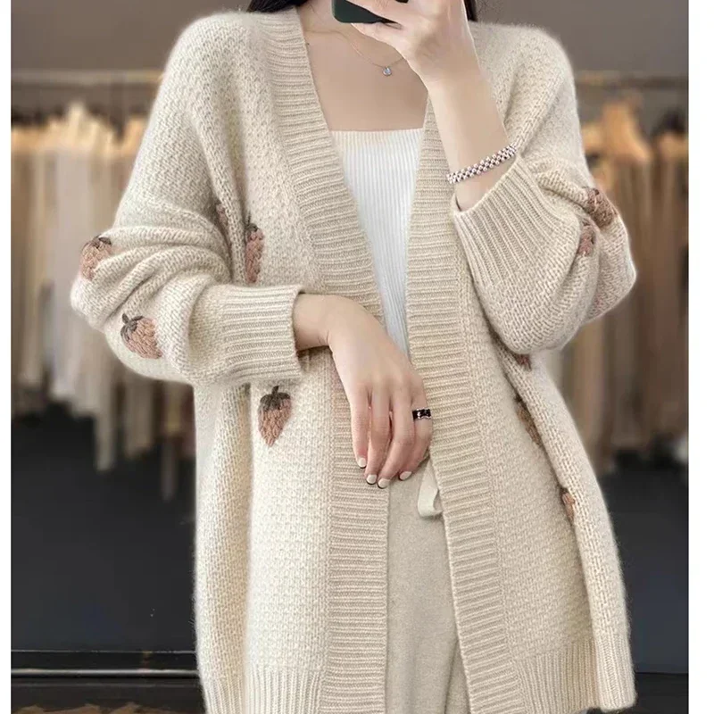 Girl Cardigan Cashmere Thicken V Neck Cardigan Coat Strawberry Printed Sweet Knit Jacket Casual Sweater Coat Women Autumn Winter