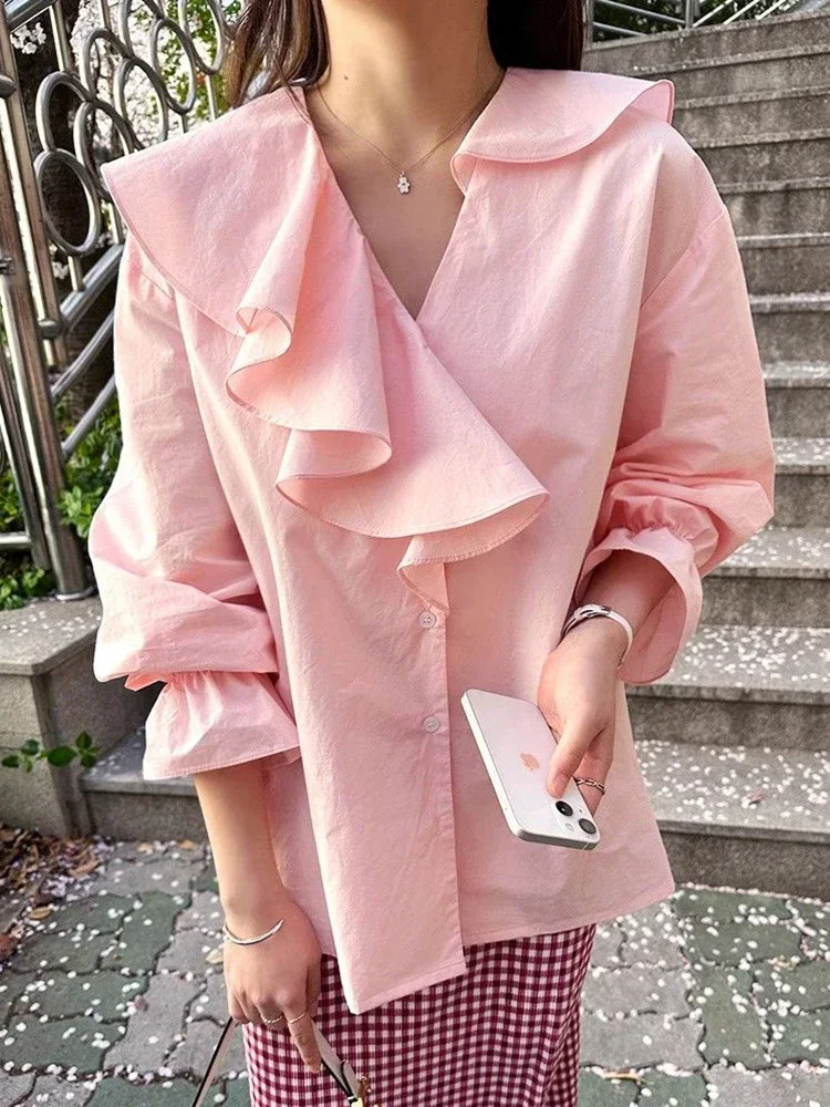 Elegant Sweet Ruffles Korean Camisas Mujer Design V Neck Blouse Fashion Long Sleeve Spring Preppy Style Female Shirts Top Kawaii