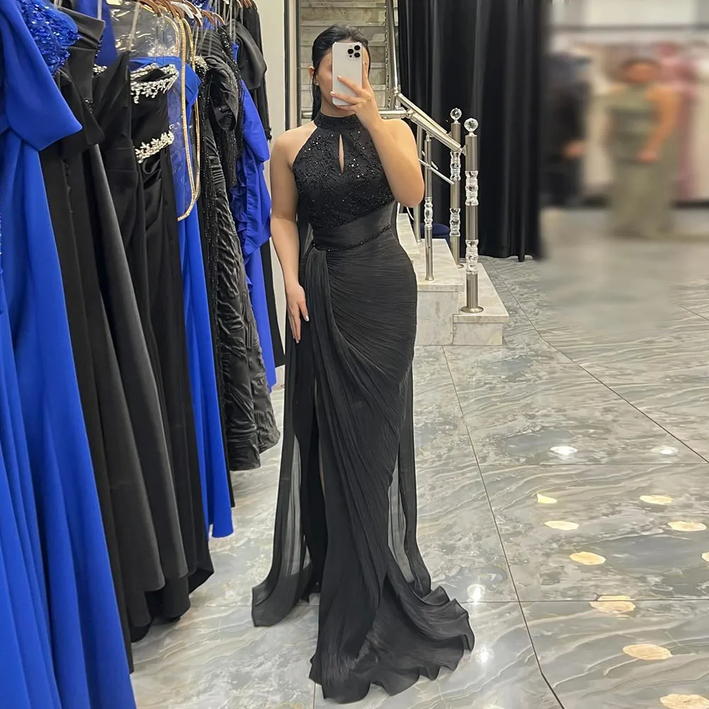 

Eightale Arabic Evening Dress High Neck Pleats Crepe Customized Floor Length Muslim Green Beaded Prom Wedding Party Gown