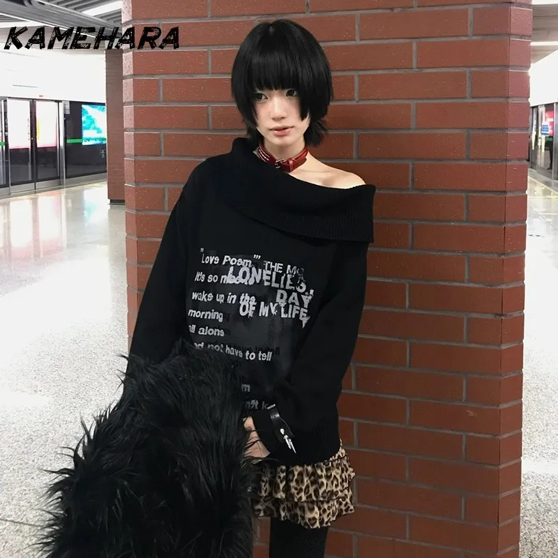 

KAMEHARA Japanese Y2k Off Shoulder Sweaters Grunge Aesthetics Slash Neck Knitted Pullovers 2000s Vintage Korean Black Pullovers