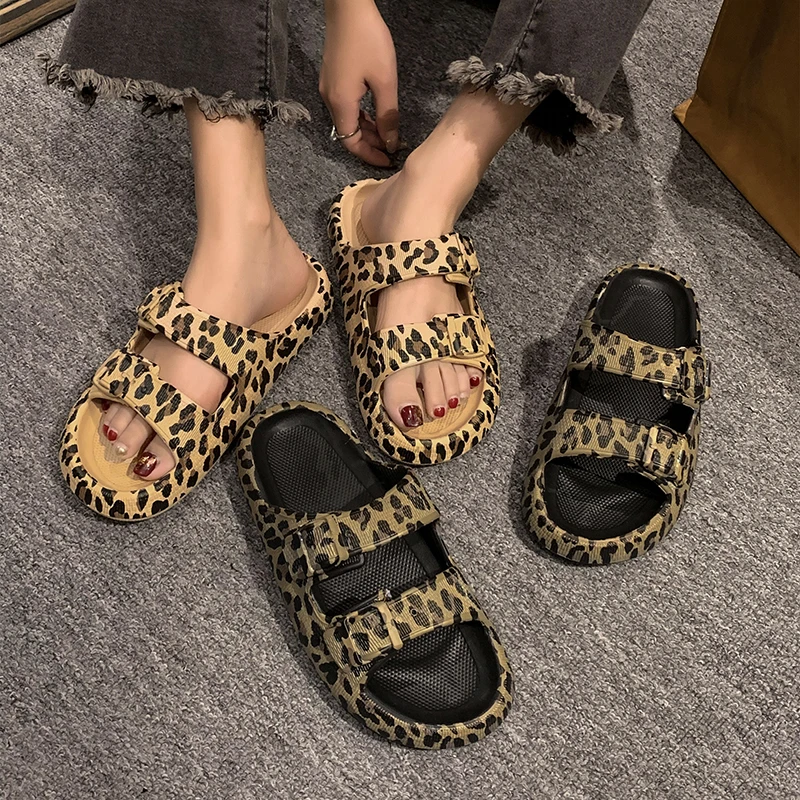 Summer Slippers Women's Leopard Print Platform Slippers Casual Thick Sole Indoor and Outdoor Sandals Couple Beach Shoes